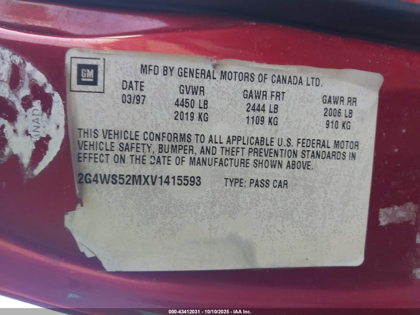 1997 Buick Century Custom Cmi VIN: 2G4WS52MXV1415593 Lot: 43412031