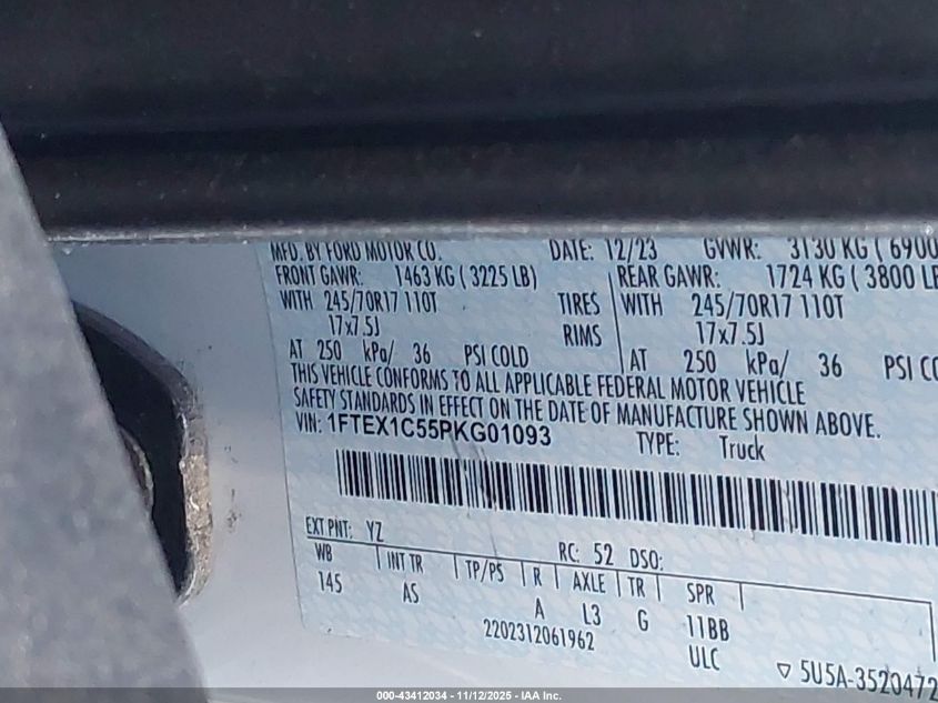 2023 Ford F-150 Xl VIN: 1FTEX1C55PKG01093 Lot: 43412034