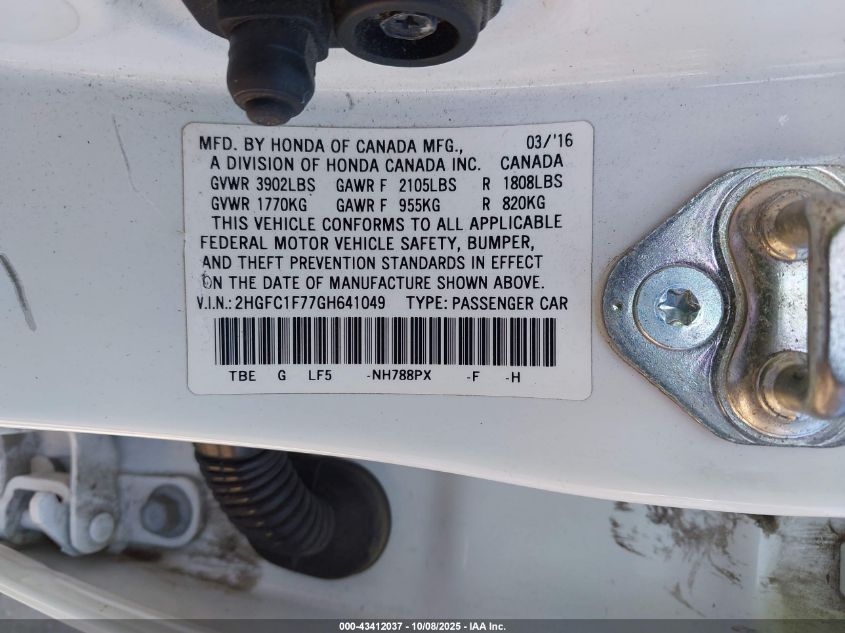 2016 Honda Civic Ex-L VIN: 2HGFC1F77GH641049 Lot: 43412037