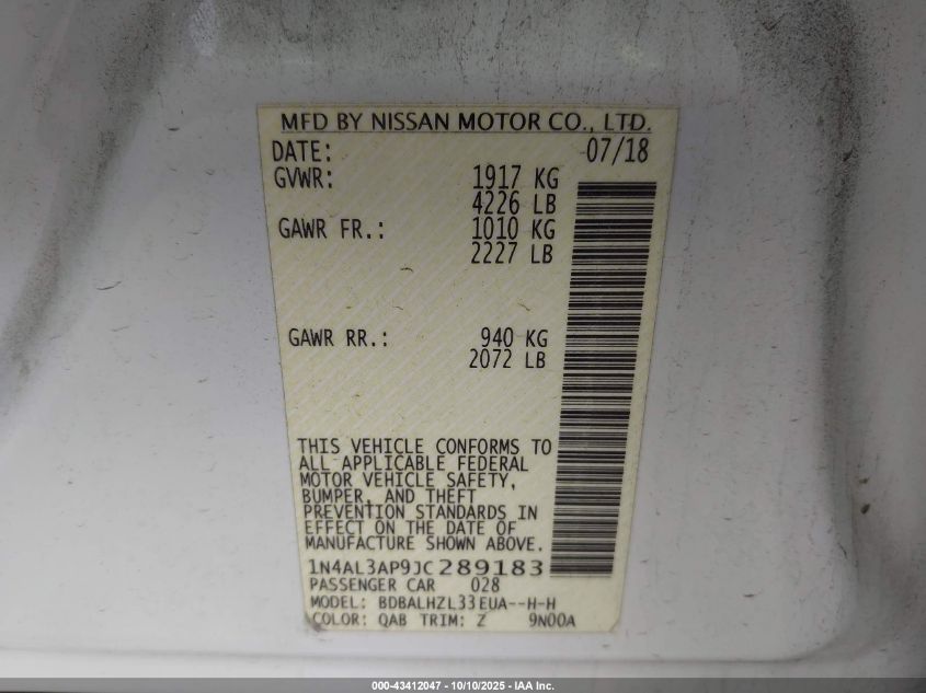 2018 Nissan Altima 2.5 Sr VIN: 1N4AL3AP9JC289183 Lot: 43412047
