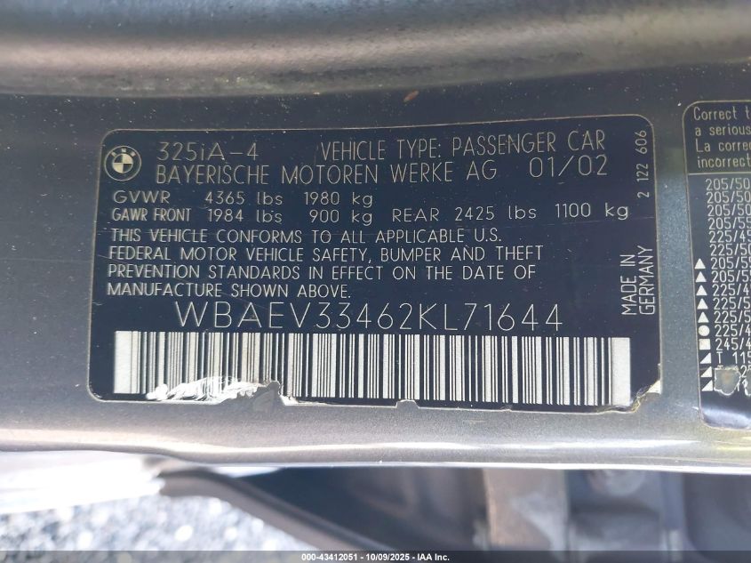 2002 BMW 325I VIN: WBAEV33462KL71644 Lot: 43412051