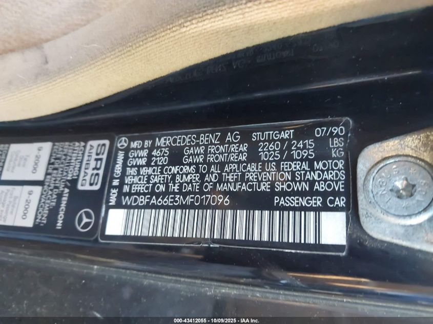 1991 Mercedes-Benz 500 Sl VIN: WDBFA66E3MF017096 Lot: 43412055