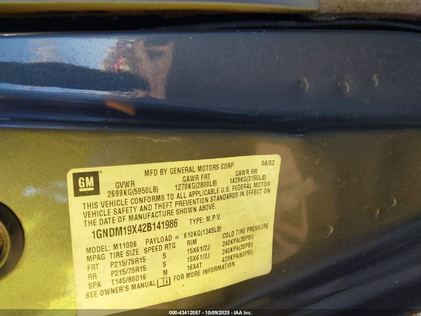 2002 Chevrolet Astro Ls VIN: 1GNDM19X42B141986 Lot: 43412057