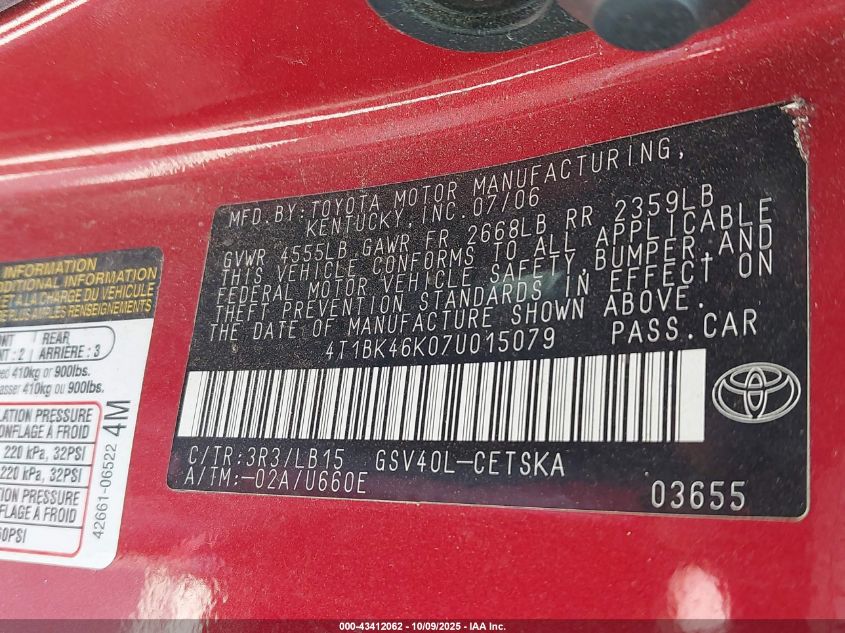 2007 Toyota Camry Se V6 VIN: 4T1BK46K07U015079 Lot: 43412062