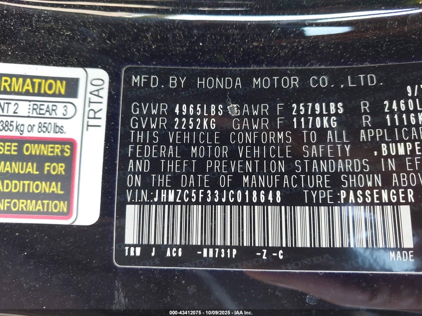 2018 HONDA CLARITY PLUG-IN HYBRID TOURING JHMZC5F33JC018648