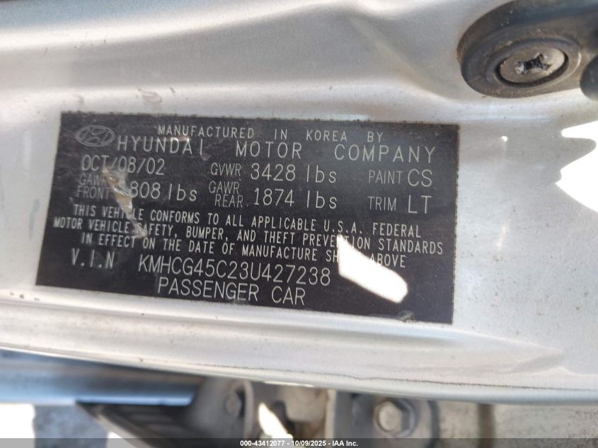 2003 Hyundai Accent Gl VIN: KMHCG45C23U427238 Lot: 43412077