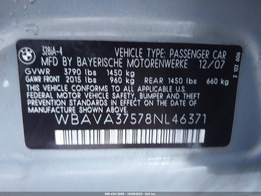 2008 BMW 328I VIN: WBAVA37578NL46371 Lot: 43412088