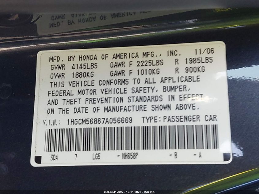 2007 Honda Accord 2.4 Ex VIN: 1HGCM56867A056669 Lot: 43412092