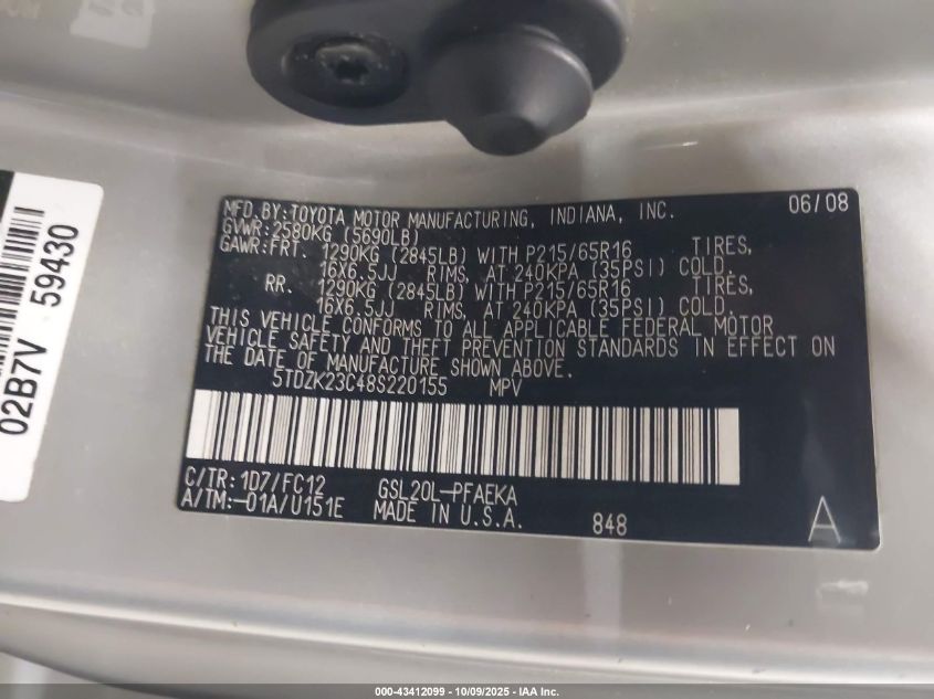 2008 Toyota Sienna Le VIN: 5TDZK23C48S220155 Lot: 43412099