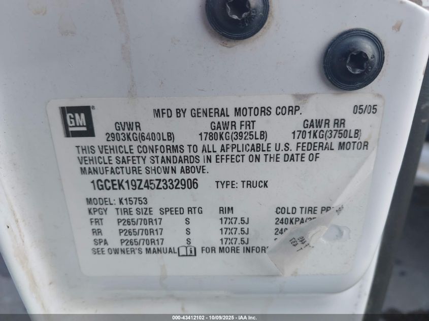 2005 Chevrolet Silverado 1500 Z71 VIN: 1GCEK19Z45Z332906 Lot: 43412102