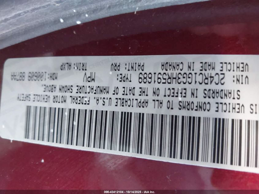 2017 Chrysler Pacifica Limited VIN: 2C4RC1GG3HR591689 Lot: 43412104