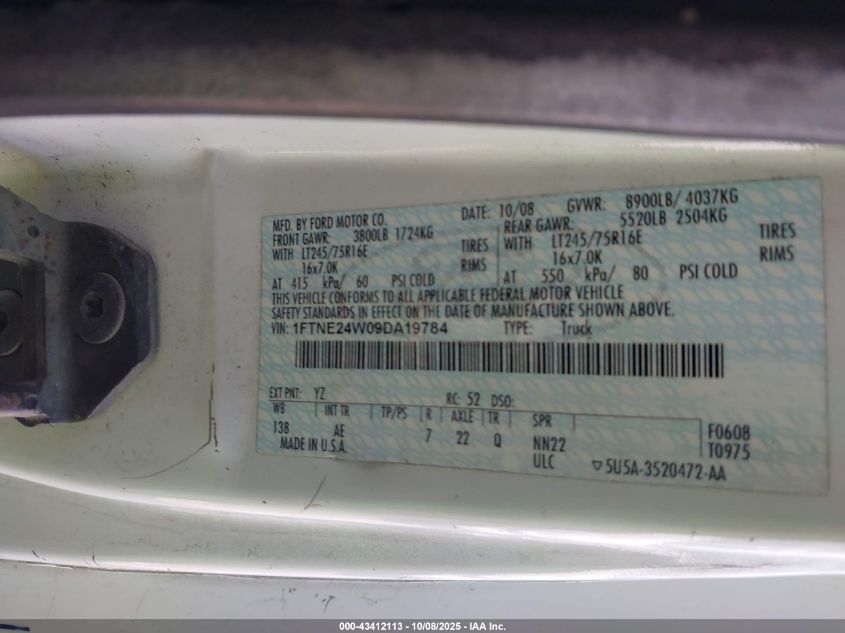 2009 Ford E-250 Commercial/Recreational VIN: 1FTNE24W09DA19784 Lot: 43412113