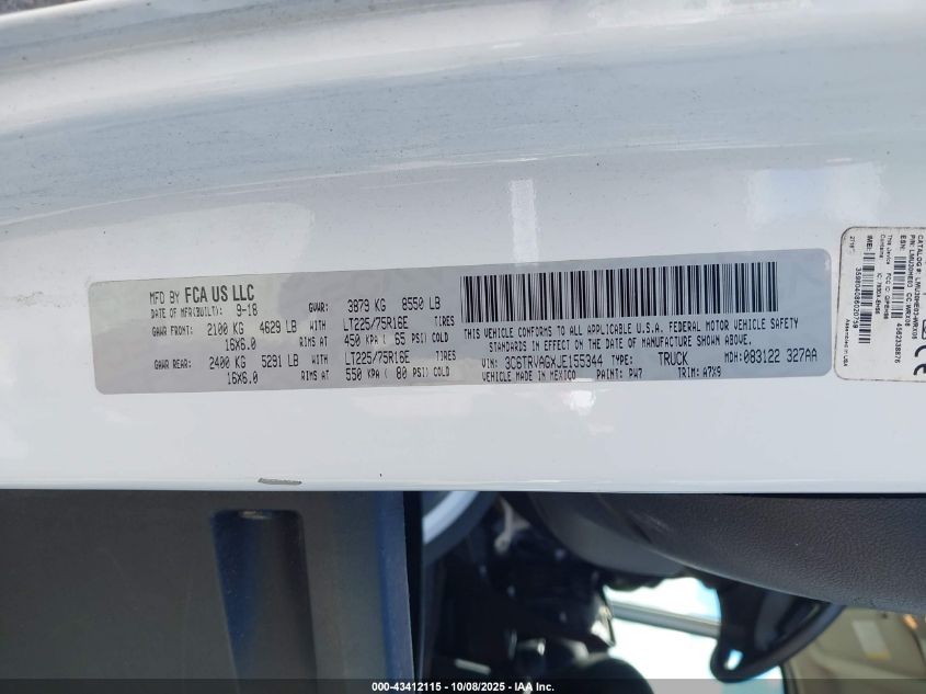 2018 Ram Promaster 1500 Low Roof 136 Wb VIN: 3C6TRVAGXJE155344 Lot: 43412115