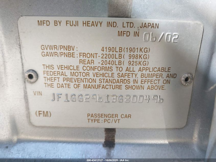 2003 Subaru Impreza Wrx VIN: JF1GG29613G800496 Lot: 43412127