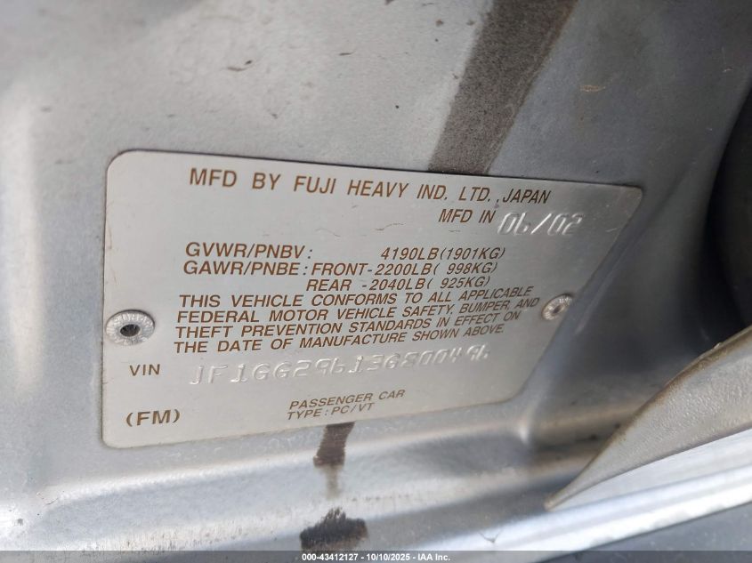 2003 Subaru Impreza Wrx VIN: JF1GG29613G800496 Lot: 43412127