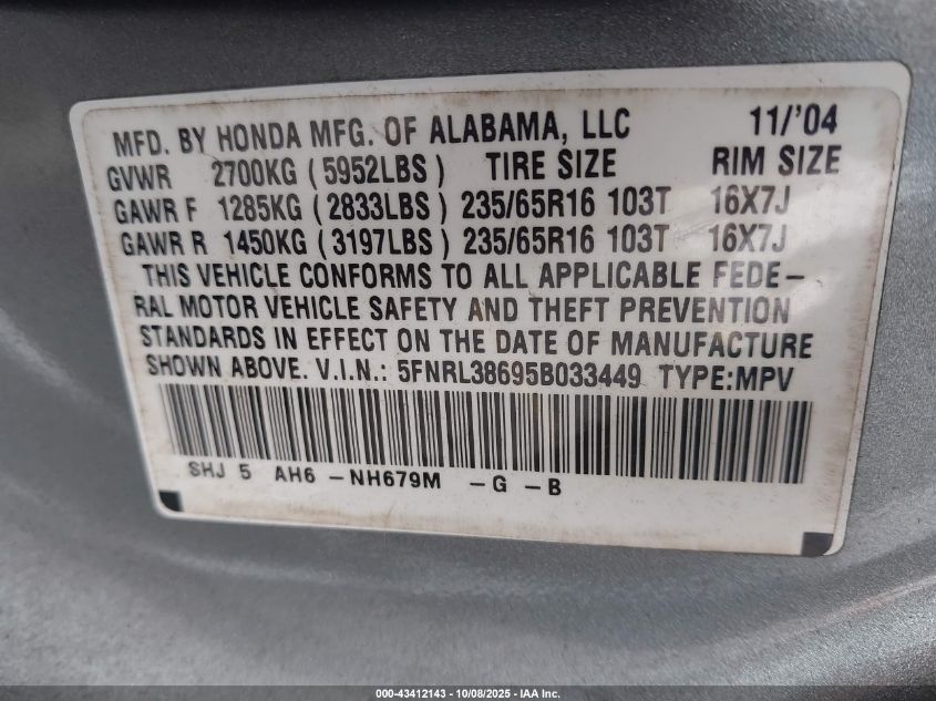 2005 Honda Odyssey Ex-L VIN: 5FNRL38695B033449 Lot: 43412143