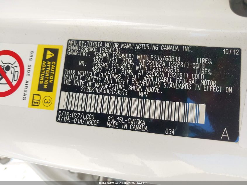 2013 Lexus Rx 350 VIN: 2T2BK1BA3DC179513 Lot: 43412154