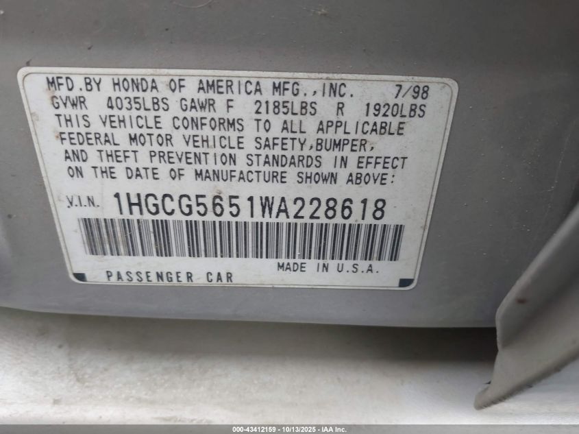 1998 Honda Accord Ex VIN: 1HGCG5651WA228618 Lot: 43412159