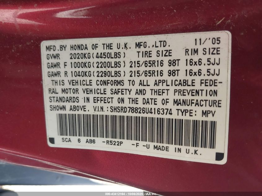 2006 Honda Cr-V Ex VIN: SHSRD78826U416374 Lot: 43412164