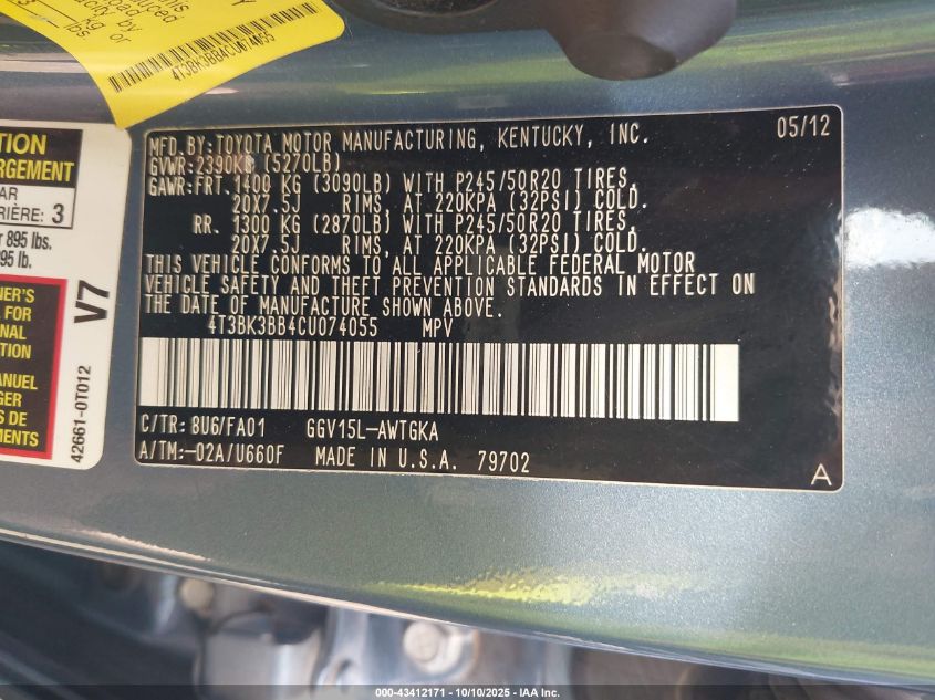 2012 Toyota Venza Le V6 VIN: 4T3BK3BB4CU074055 Lot: 43412171