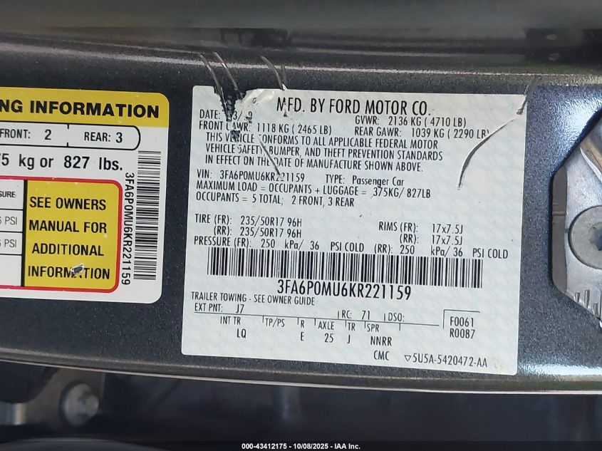 2019 Ford Fusion Hybrid Sel VIN: 3FA6P0MU6KR221159 Lot: 43412175