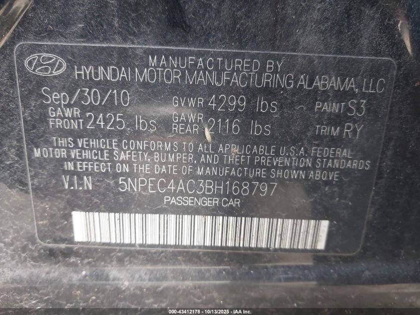 2011 Hyundai Sonata Limited VIN: 5NPEC4AC3BH168797 Lot: 43412178