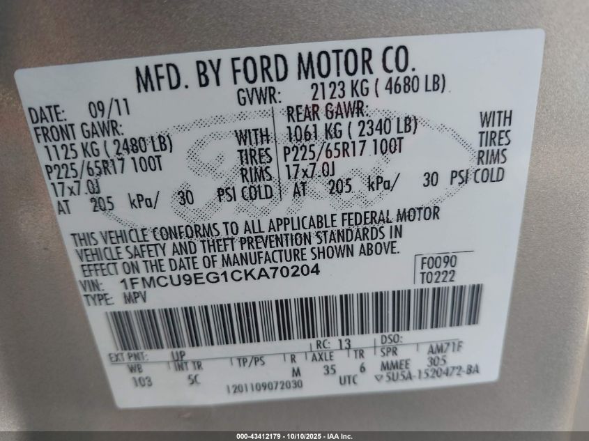 2012 Ford Escape Limited VIN: 1FMCU9EG1CKA70204 Lot: 43412179