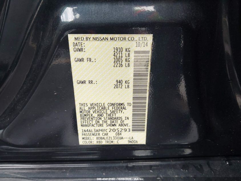 2015 NISSAN ALTIMA 2.5 S 1N4AL3AP4FC205293