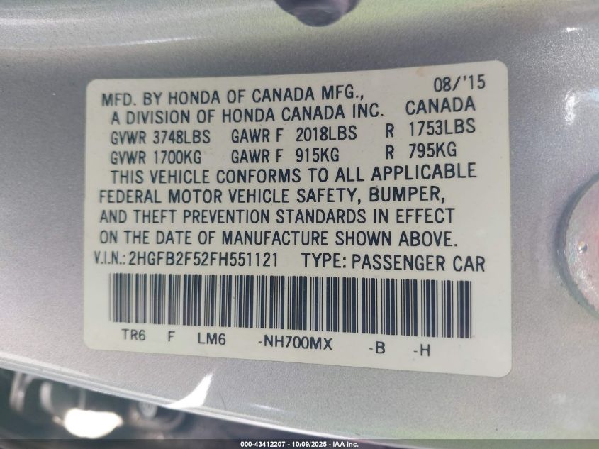 2015 Honda Civic Lx VIN: 2HGFB2F52FH551121 Lot: 43412207