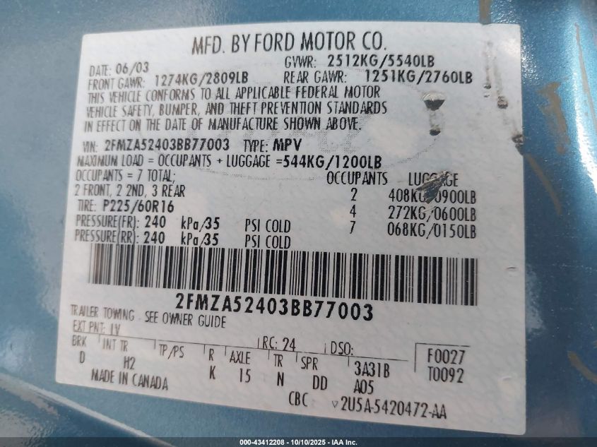 2003 Ford Windstar Se VIN: 2FMZA52403BB77003 Lot: 43412208