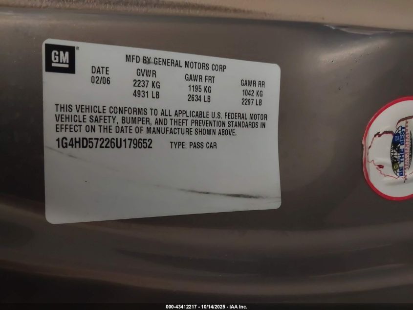 2006 Buick Lucerne Cxl VIN: 1G4HD57226U179652 Lot: 43412217