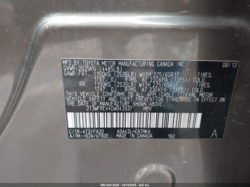 2013 Toyota Rav4 Xle VIN: 2T3WFREV4DW043937 Lot: 43412226