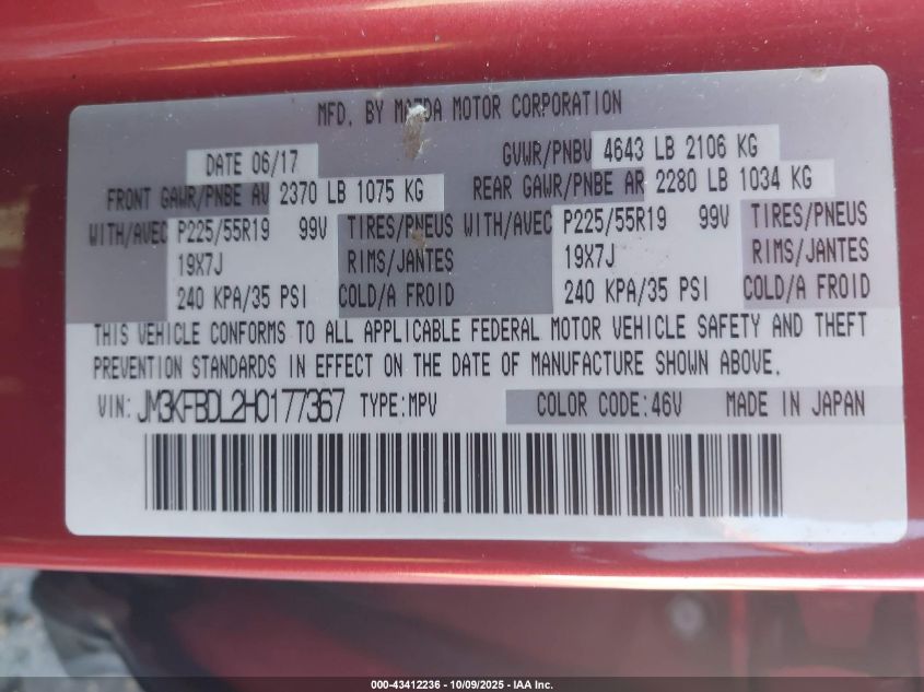 2017 Mazda Cx-5 Grand Select VIN: JM3KFBDL2H0177367 Lot: 43412236