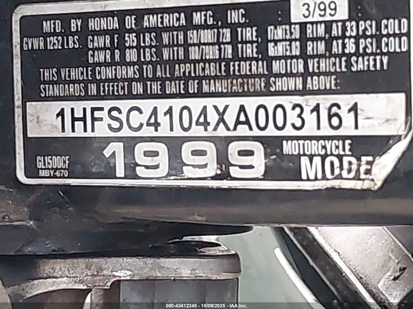 1999 Honda Gl1500 Cf VIN: 1HFSC4104XA003161 Lot: 43412248