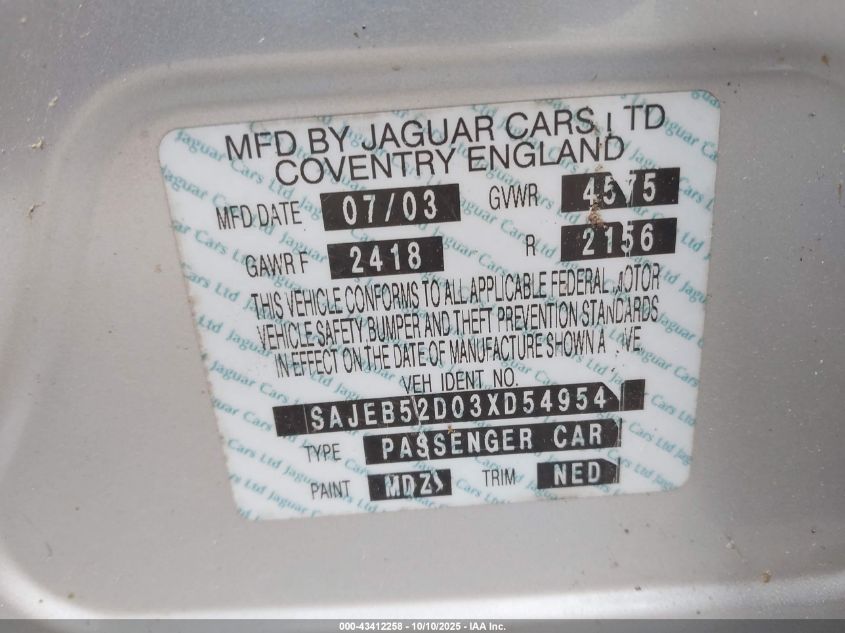 2003 Jaguar X-Type 2.5 VIN: SAJEB52D03XD54954 Lot: 43412258