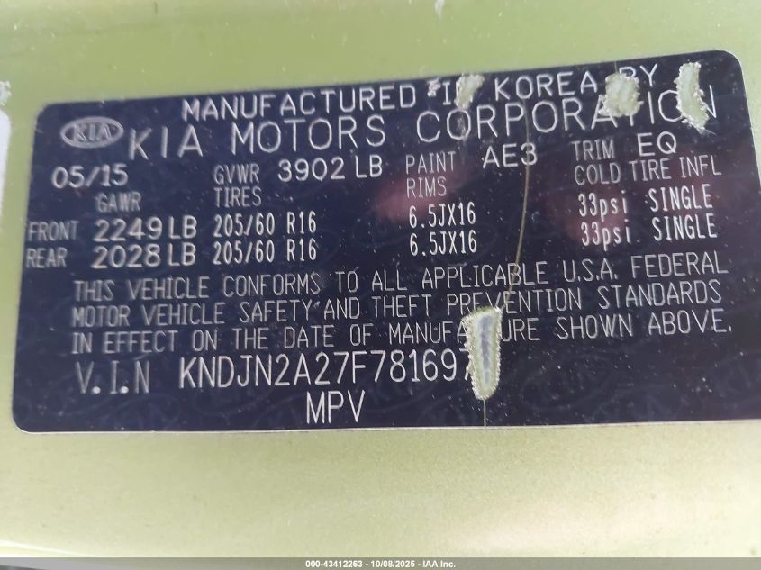 2015 Kia Soul VIN: KNDJN2A27F7816978 Lot: 43412263