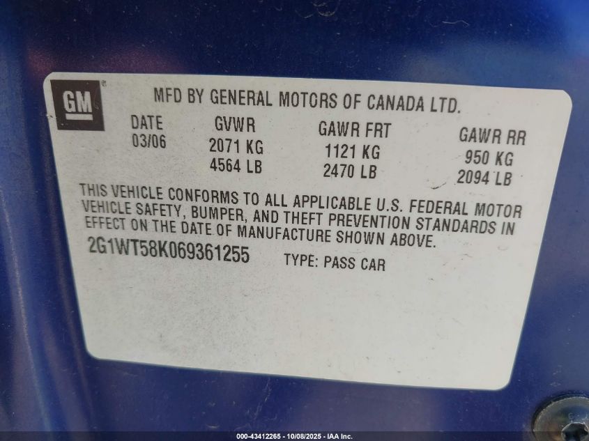 2006 Chevrolet Impala Lt VIN: 2G1WT58K069361255 Lot: 43412265