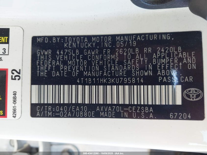 2019 Toyota Camry Se VIN: 4T1B11HK3KU795814 Lot: 43412268