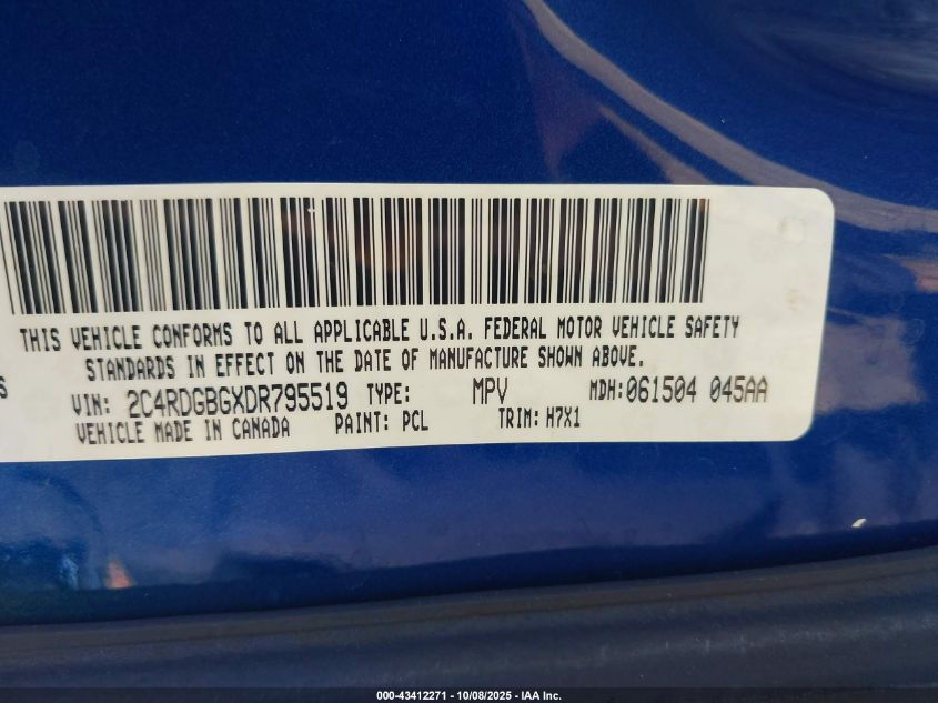 2013 Dodge Grand Caravan American Value Pkg VIN: 2C4RDGBGXDR795519 Lot: 43412271