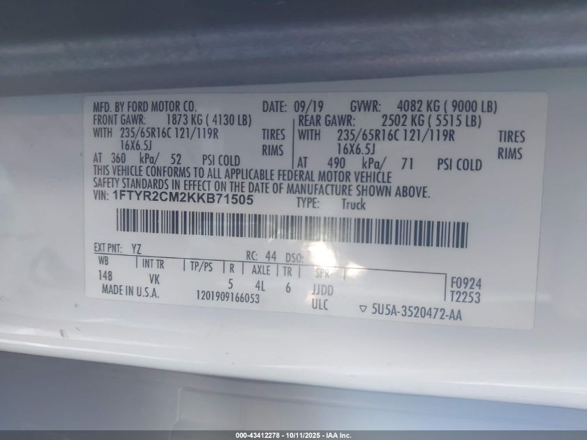 2019 Ford Transit-250 VIN: 1FTYR2CM2KKB71505 Lot: 43412278