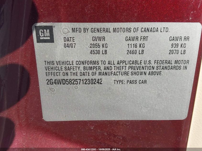2007 Buick Lacrosse Cxl VIN: 2G4WD582571230242 Lot: 43412283