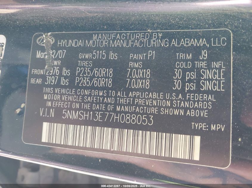 2007 Hyundai Santa Fe Limited/Se VIN: 5NMSH13E77H088053 Lot: 43412287