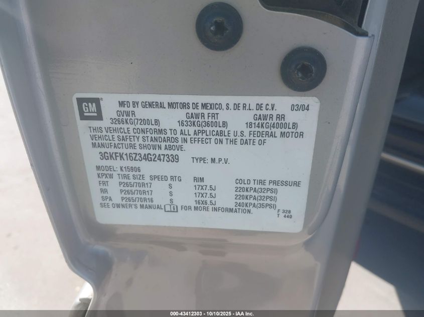 2004 GMC Yukon Xl 1500 Slt VIN: 3GKFK16Z34G247339 Lot: 43412303