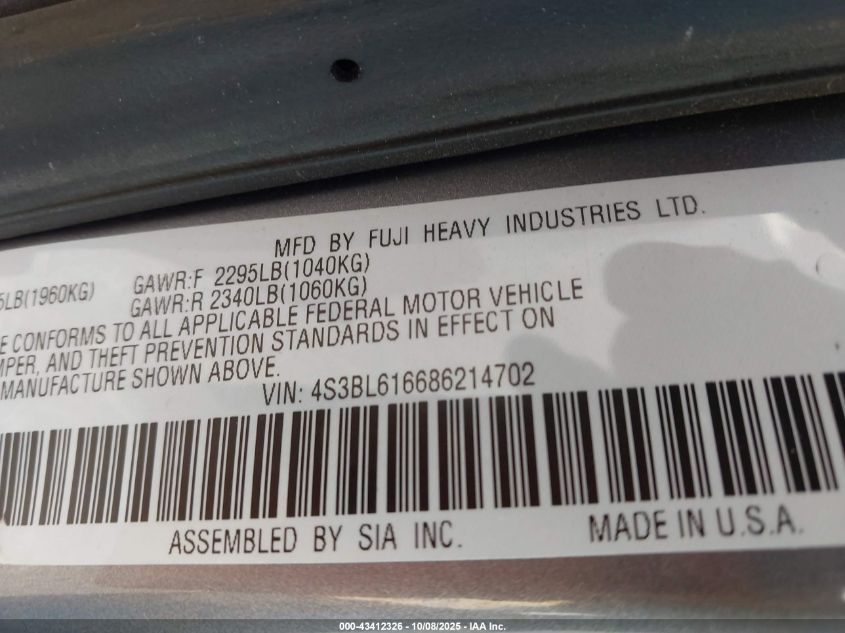 2008 Subaru Legacy 2.5I VIN: 4S3BL616686214702 Lot: 43412326