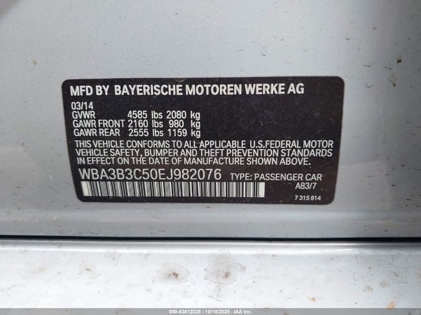 2014 BMW 328I xDrive VIN: WBA3B3C50EJ982076 Lot: 43412338