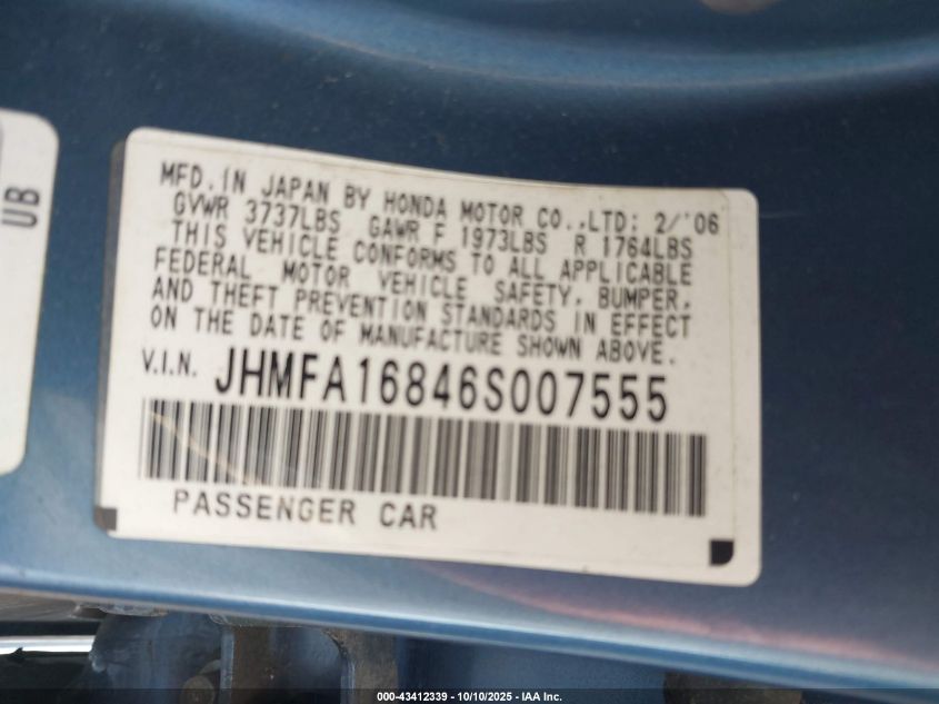 2006 Honda Civic Ex VIN: JHMFA16846S007555 Lot: 43412339