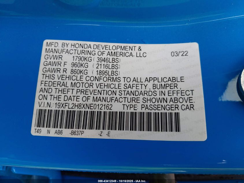 2022 Honda Civic Sport VIN: 19XFL2H8XNE012162 Lot: 43412349