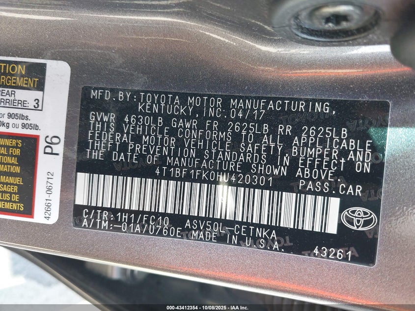 2017 Toyota Camry Le VIN: 4T1BF1FK0HU420301 Lot: 43412354