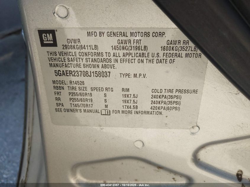 2008 Buick Enclave Cxl VIN: 5GAER23708J158037 Lot: 43412357