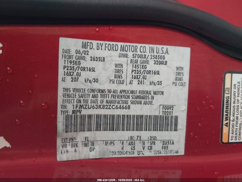 2002 Ford Explorer Xlt VIN: 1FMZU63K82ZC64668 Lot: 43412359